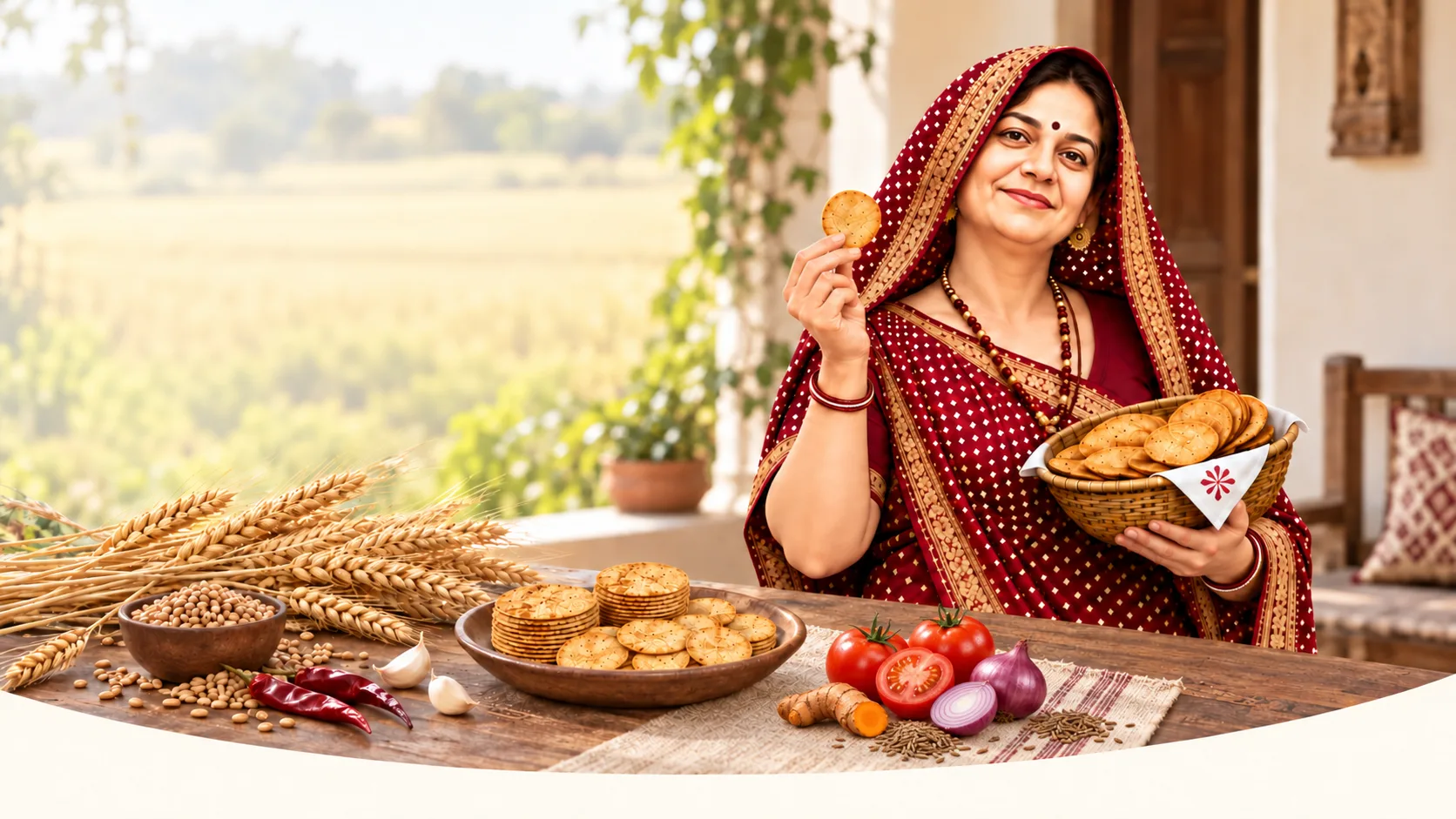 Didi welcomes you with a basket of thin Coin Khakhra, alongside wheat, tomatoes, onion, garlic, chillies, turmeric and cumin.