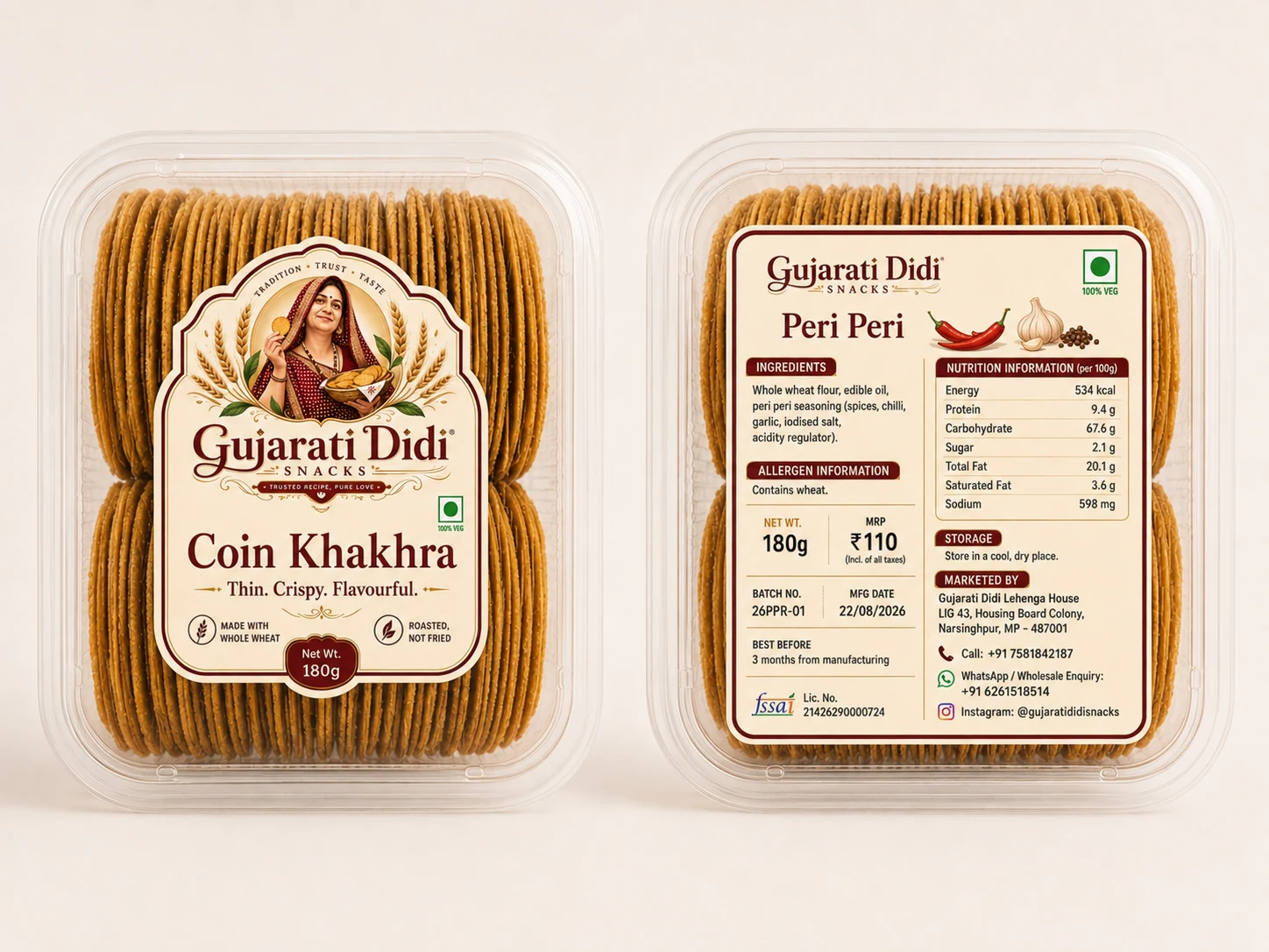 Supplied Gujarati Didi Coin Khakhra clear-box presentation, showing the finalized front sticker
