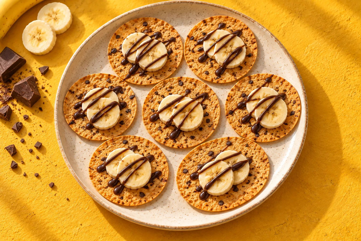 Serving illustration of Chocolate Chips khakhra coins topped with banana slices and a chocolate drizzle