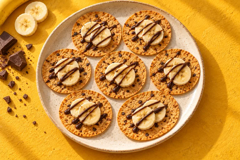 Serving illustration of Chocolate Chips khakhra coins topped with banana slices and a chocolate drizzle