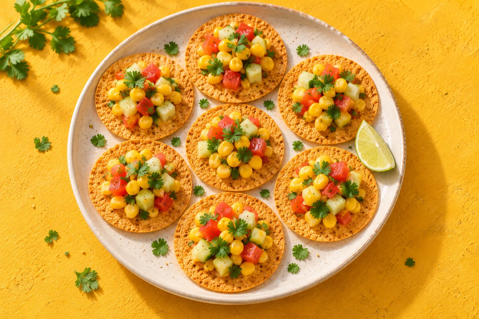 Serving illustration of thin khakhra coins topped with sweetcorn, tomato, cucumber and coriander