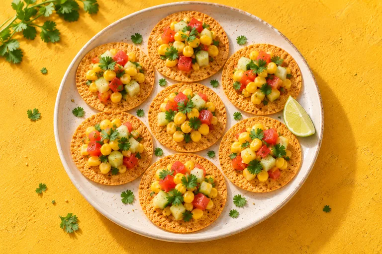 Serving illustration of thin khakhra coins topped with sweetcorn, tomato, cucumber and coriander