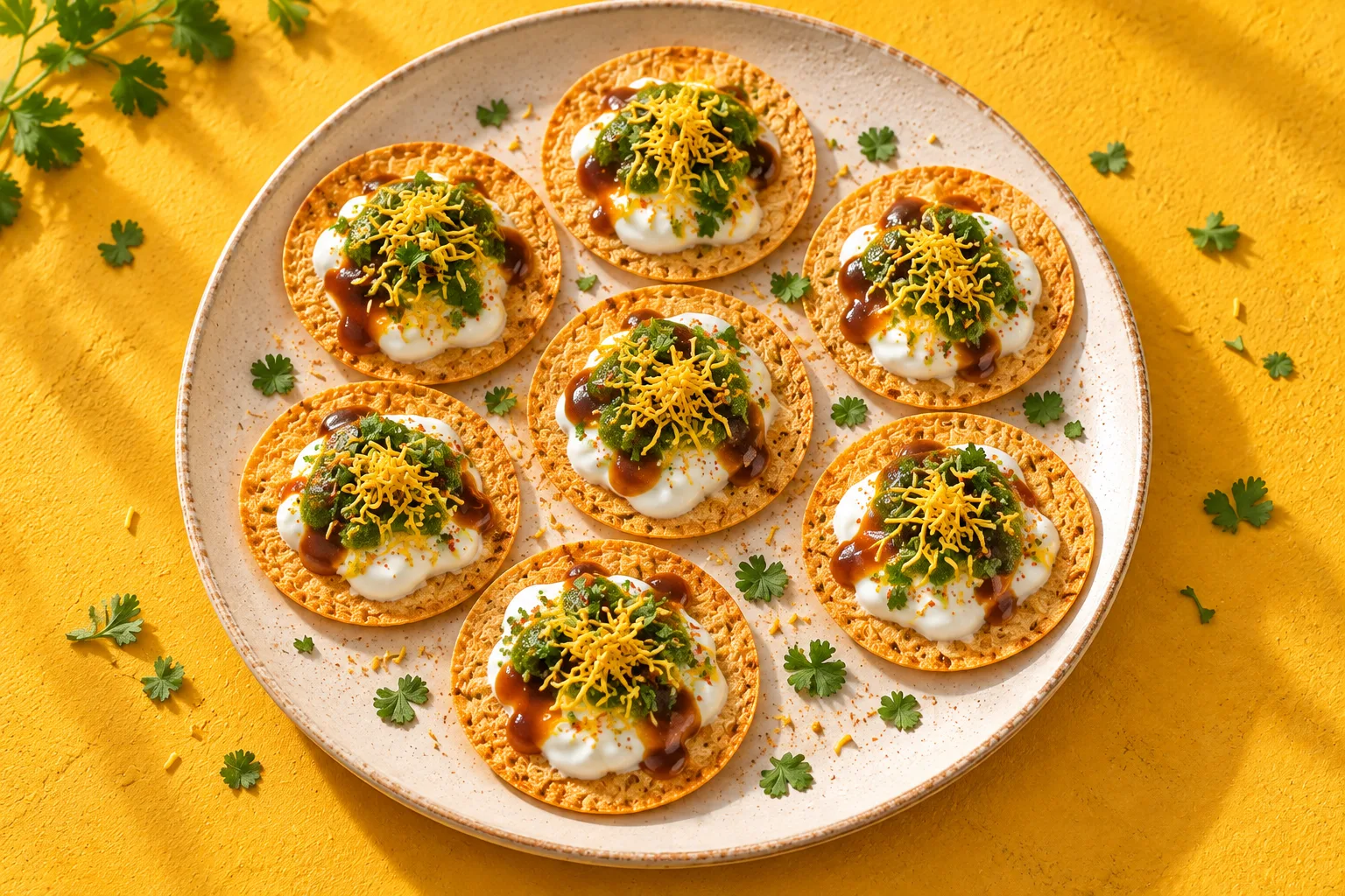 Serving illustration of thin khakhra coins topped with curd, green and tamarind chutneys, sev and coriander