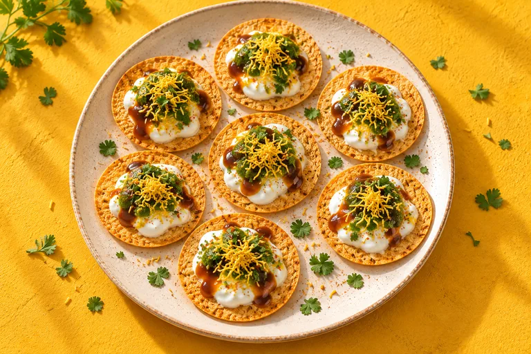 Serving illustration of thin khakhra coins topped with curd, green and tamarind chutneys, sev and coriander