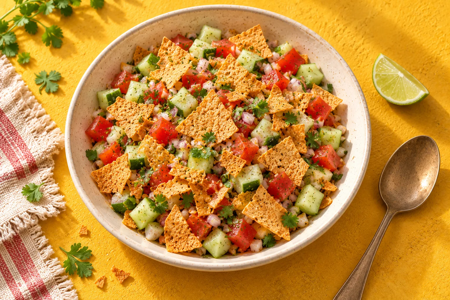 Serving illustration of cucumber, tomato and onion salad with coriander and rough khakhra pieces