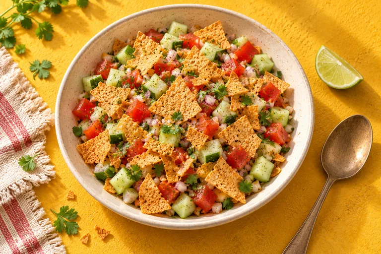Serving illustration of cucumber, tomato and onion salad with coriander and rough khakhra pieces