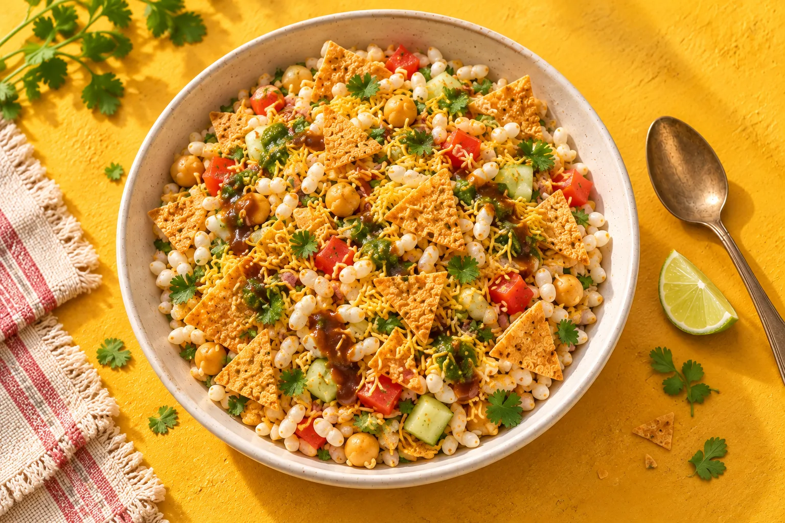 Serving illustration of khakhra bhel with puffed rice, chickpeas, cucumber, tomato, chutneys and sev