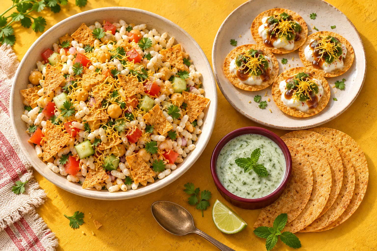 Artisanal snack feast with coin khakhra canapés, bhel chaat, and mint chutney