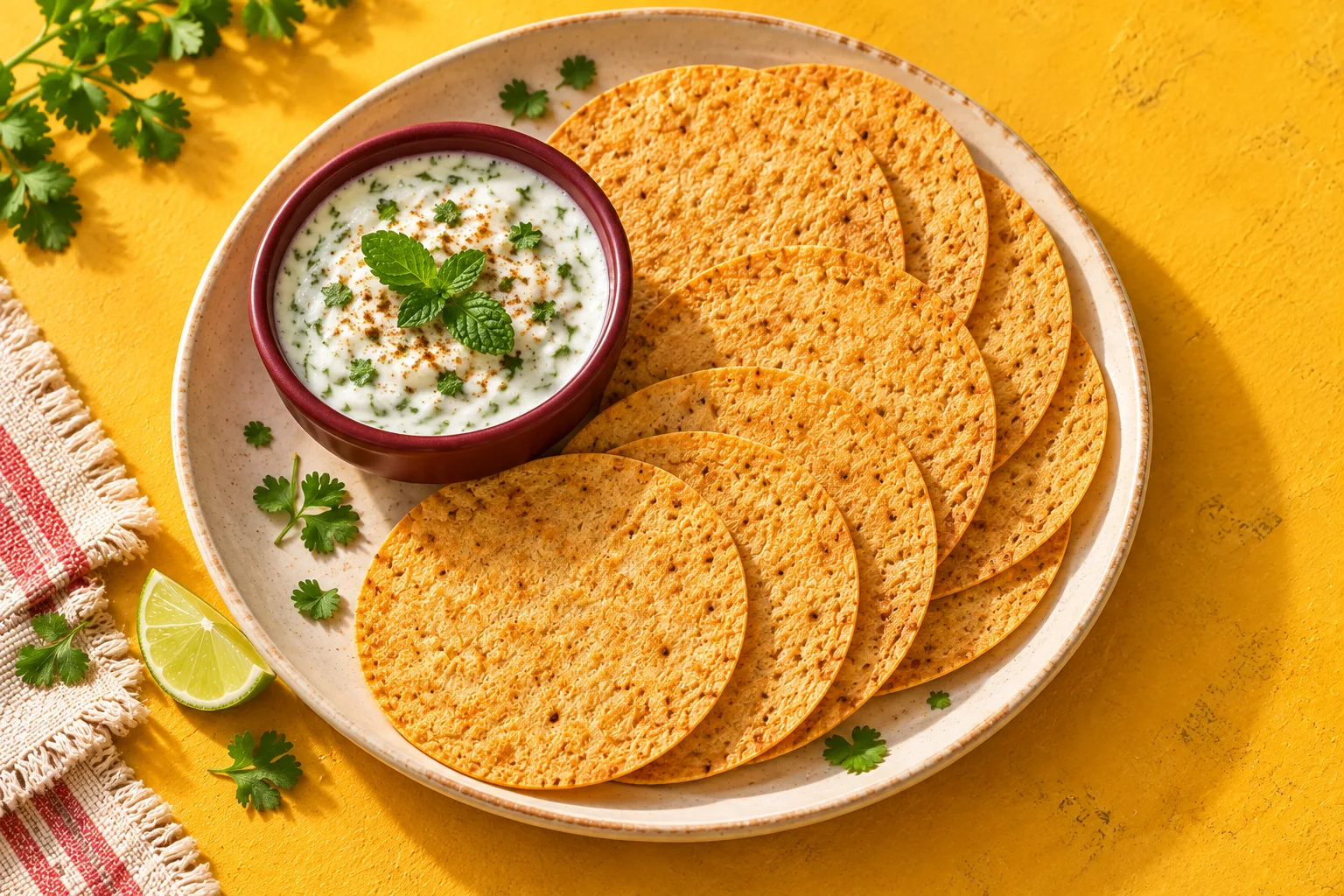 Traditional roasted whole-wheat khakhra discs arranged on a serving plate with fresh mint curd dip