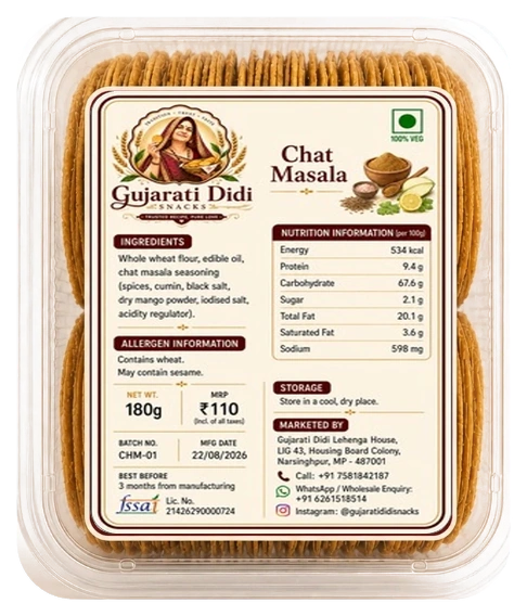 Chat Masala Coin Khakhra authentic packaging with transparent container and nutrition label