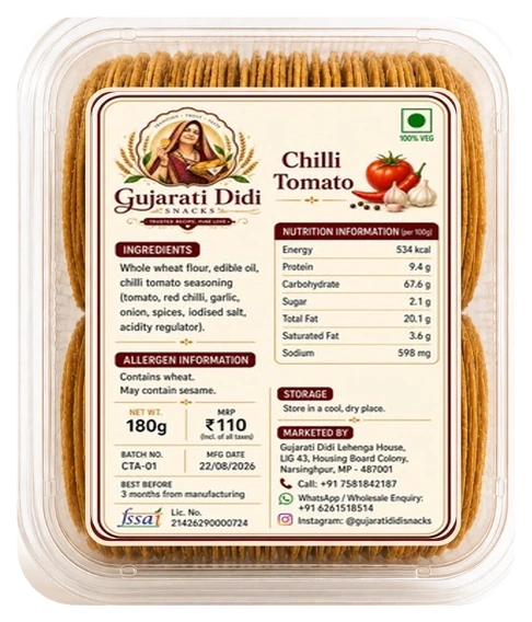 Chilli Tomato Coin Khakhra authentic packaging with transparent container and nutrition label
