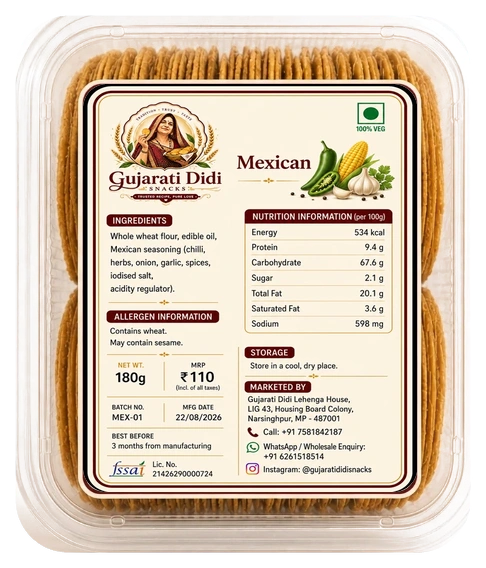 Mexican Coin Khakhra authentic packaging with transparent container and nutrition label