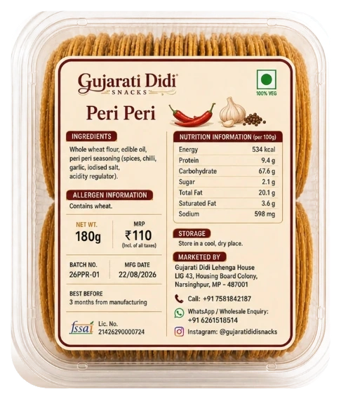 Peri Peri Coin Khakhra authentic packaging with transparent container and nutrition label