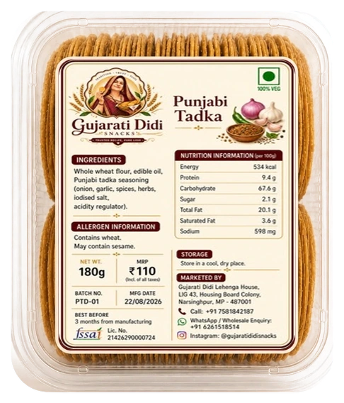 Punjabi Tadka Coin Khakhra authentic packaging with transparent container and nutrition label