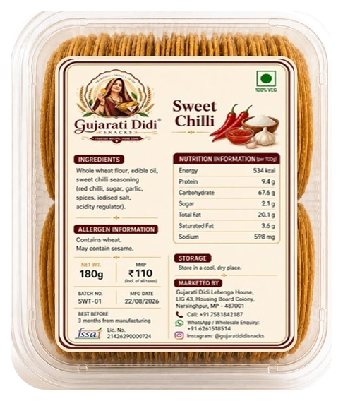 Sweet Chilli Coin Khakhra authentic packaging with transparent container and nutrition label