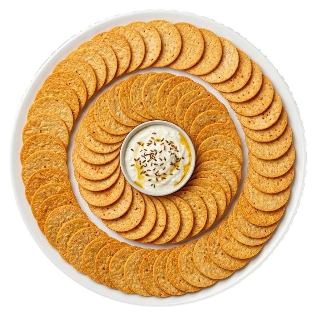 Round white ceramic serving plate with a center dip bowl of thick plain beaten curd with roasted cumin, surrounded by tangy achar coin khakhra in an Archimedean spiral