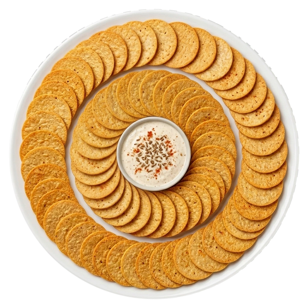 Round white ceramic serving plate with a center dip bowl of spiced tomato ketchup dip, surrounded by savoury spiced coin khakhra in an Archimedean spiral