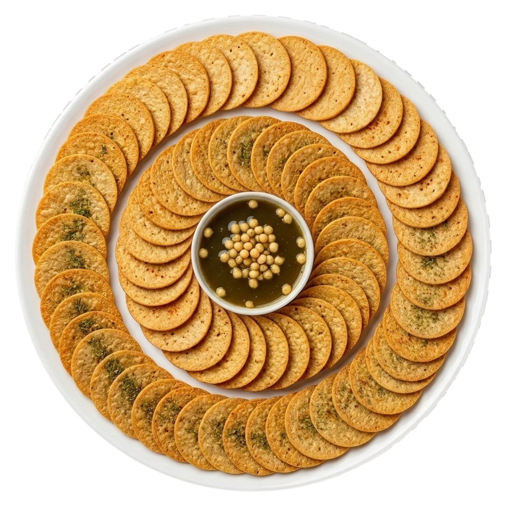Round white ceramic serving plate with a center dip bowl of refreshing green pudina pani water dip, surrounded by street-style panipuri coin khakhra in an Archimedean spiral